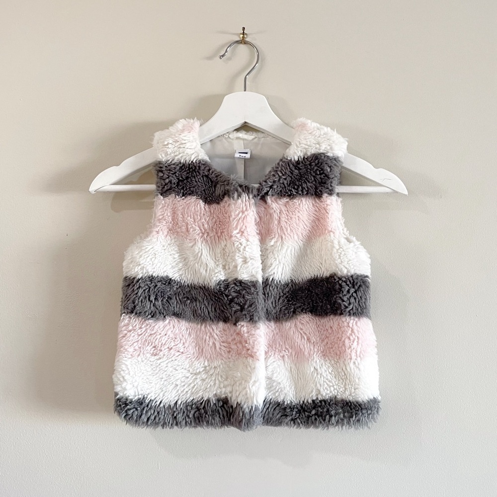Janie & Jack Faux Fur Vest Girls 3-4 Pink Gray Stripe Winter Outfit Jacket